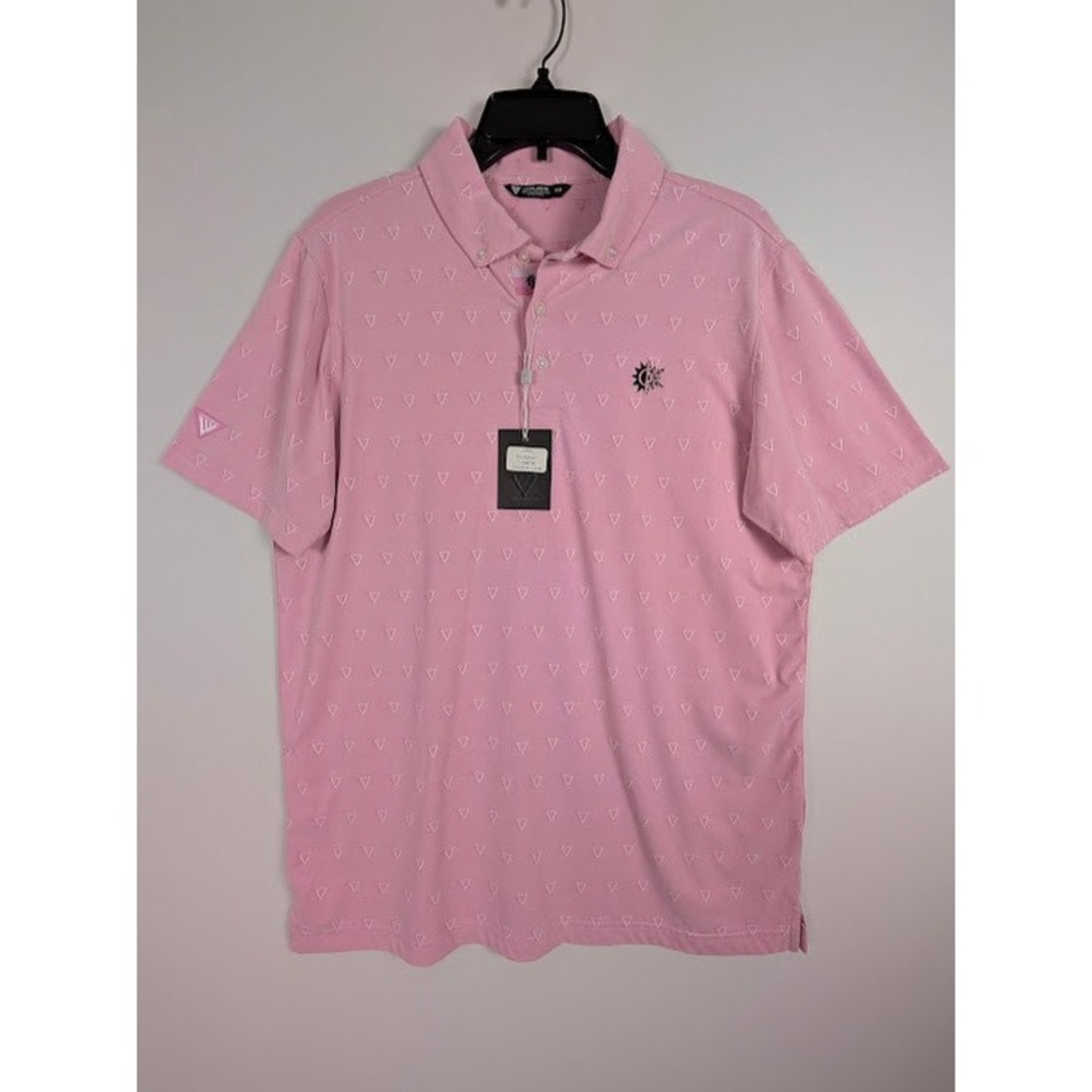 Levelwear Golf Polo Shirt Mens M Pink Geometric Sun/Snowflake Logo Button Collar - Picture 2 of 7